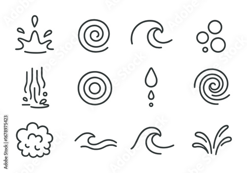 Fluid Dynamics Icons. Outline icon set of fluid dynamics: splash droplet, liquid swirl, wave crest, bubble