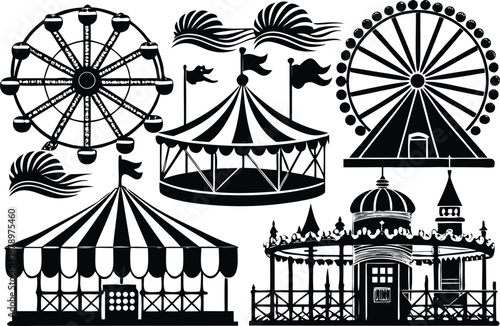 White line art illustration of a Ferris wheel and a building with a dome amusement park entertainment