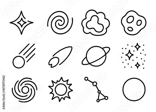 Cosmic Icon Set. Outline icon set of cosmic organic: star swirl, galaxy spiral, nebula cloud, asteroid rock,