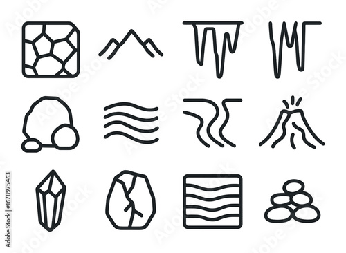 Geological Icon Set. Outline icon set of geological patterns: stone outline, mountain ridge, cave drip,