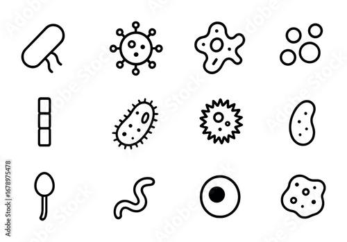 Microscopic Icon Grid. Outline icon set of microscopic forms: bacteria rod, virus spike, protozoa shape, spore