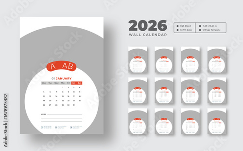 2026 monthly wall calendar design  | Week starts on Monday | Editable 12-page vector template | Clean wall planner for home or office