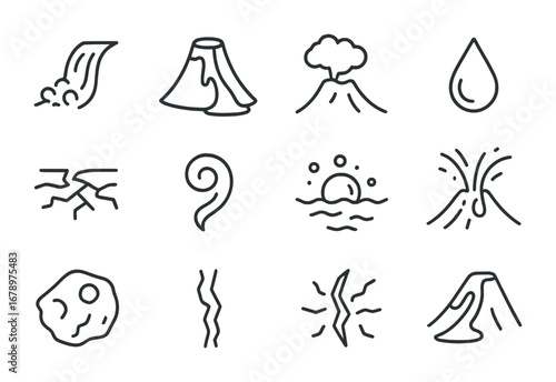 Volcanic Icon Set. Outline icon set of lava flow: molten stream, volcanic cone, ash cloud, lava droplet,