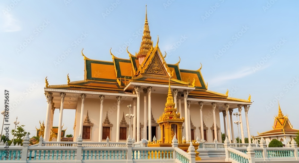 Naklejka premium Grand Royal Palace architecture in Phnom Penh, Cambodia, showcasing traditional golden roofs, elegant columns, and cultural heritage.