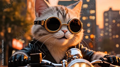 Cool Cat Riding Motorcycle in City Sunset Street. Funny Biker Cat Adventure in Urban Downtown. 