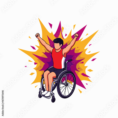 A determined person in a wheelchair celebrates a hard-won victory with arms raised high, surrounded by an energetic burst, symbolizing strength and achievement.