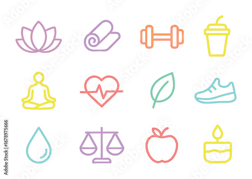 Neon Wellness Icons. Outline icon set of neon wellness: glowing lotus, neon yoga mat, glowing dumbbell, neon