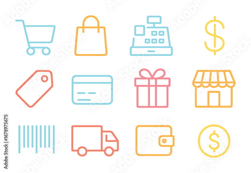 Neon Shopping Icons. Outline icon set of neon shopping: neon cart, glowing bag, neon cash register, glowing
