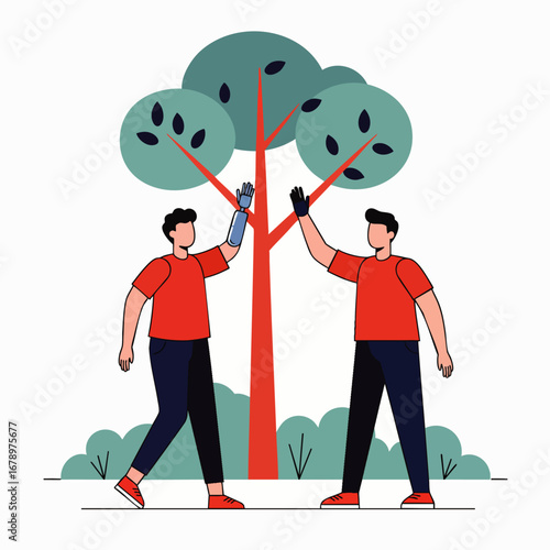 Two diverse men, one with a prosthetic arm, high-five in a natural setting, symbolizing successful teamwork, inclusivity, and positive social connection.