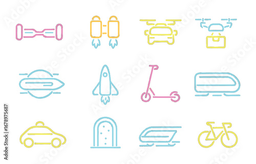 Neon Transport Icons. Outline icon set of neon transport future: glowing hoverboard, neon jetpack, glowing