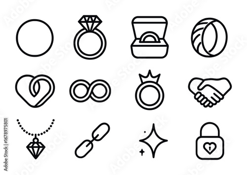 Wedding Icon Collection. Outline icon set of wedding rings: gold ring, diamond, jewelry box, engraving, heart,