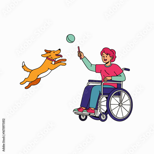 A joyful person in a wheelchair actively plays with their energetic dog, who leaps to catch a thrown ball, symbolizing companionship and an active, inclusive life.