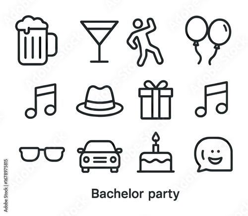 Bachelor Party Icons. Outline icon set of bachelor party: beer mug, cocktail glass, dancing figure, balloons,