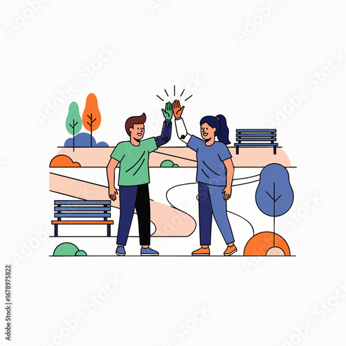 Two smiling individuals with advanced prosthetic arms celebrate their connection with a joyful high-five in a vibrant, inclusive park setting.