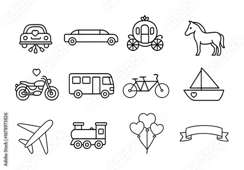 Wedding Transport Icons. Outline icon set of wedding transport: car, limousine, carriage, horse, motorbike,