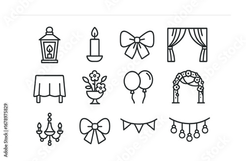 Wedding Decor Icons. Outline icon set of wedding decor: lantern, candle, ribbon, curtain, tablecloth,
