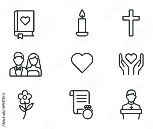 Wedding Vows Icons. Outline icon set of wedding vows: vow book, candle, cross, couple, heart, hands, flower,