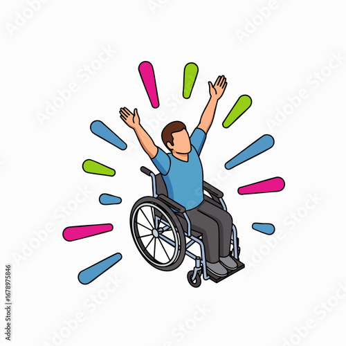 A jubilant individual in a wheelchair celebrates personal freedom and achievement, raising their arms with vibrant energy and a sense of triumph against all odds.