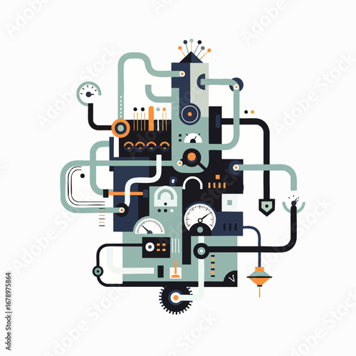 An intricate, abstract industrial machine with interconnected pipes, gears, and gauges, representing complex systems and technological innovation in a modern, stylized illustration.
