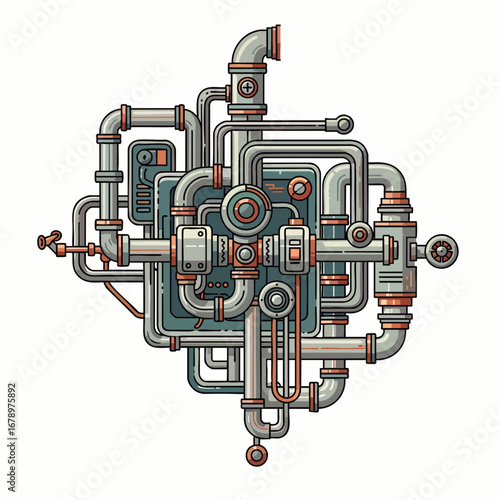 An intricate steampunk-inspired industrial pipe system with various valves and gauges illustrates complex mechanical engineering on a clean background.