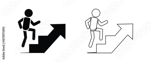 Person climbing stairs with rising arrow for success