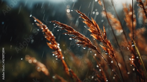 Serene rainfall on prairie grass, illuminating nature's resilience and beauty