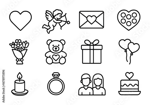Valentines Icon Set. Outline icon set of Valentines Day: heart, cupid, love letter, chocolates, flowers,