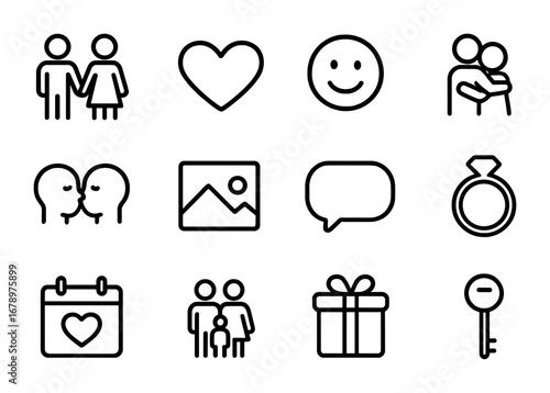 Relationship Icons Grid. Outline icon set of relationships: couple holding hands, heart, smile, hug, kiss,