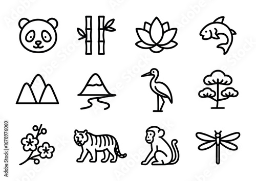 Chinese Nature Icons. Outline icon set of Chinese nature: panda, bamboo, lotus, koi fish, mountain, river,