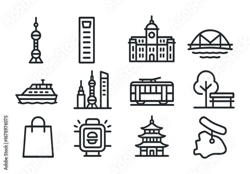 Shanghai Icon Landmarks. Outline icon set of Shanghai landmarks: Oriental Pearl Tower, skyscraper, Bund
