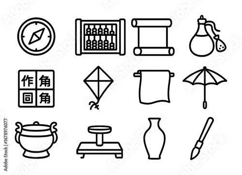 Chinese Inventions Icons. Outline icon set of Chinese inventions: compass, abacus, paper scroll, gunpowder