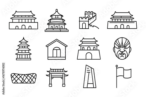 Beijing Landmark Icons. Outline icon set of Beijing landmarks: Forbidden City gate, Temple of Heaven, Great