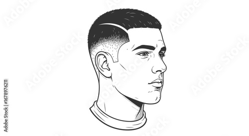 Monochrome sketch of a young man with a modern fade haircut.