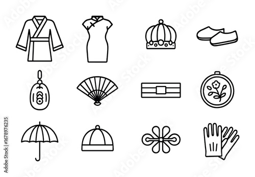 Chinese Clothing Icons. Outline icon set of Chinese clothing: hanfu robe, qipao dress, emperor crown, silk