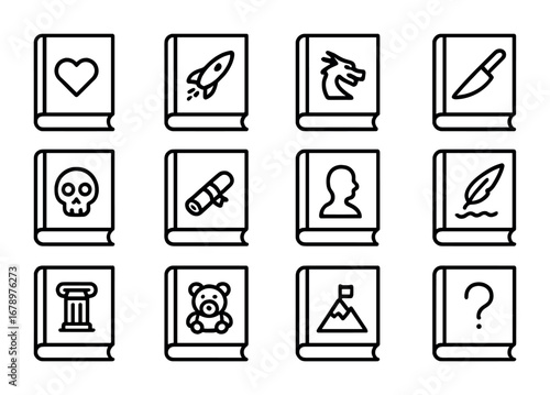 Book Genre Icons. Outline icon set of book genres: romance novel, science fiction, fantasy, thriller, horror,
