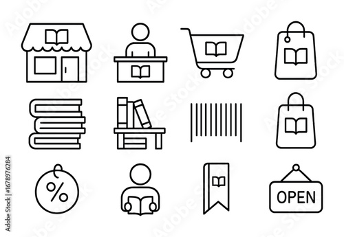 Bookshop Icon Set. Outline icon set of bookshops: storefront, cashier, shopping cart, price tag, stack of