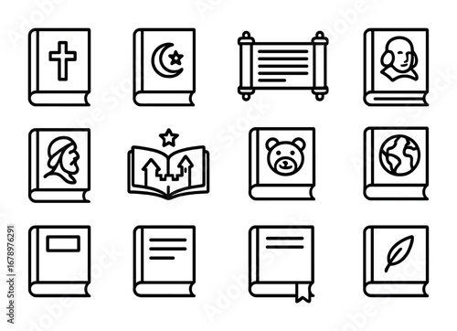 Famous Books Icon Set. Outline icon set of famous books: Bible, Quran, Torah scroll, Shakespeare play, Homers