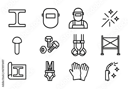 Steel Construction Icons. Outline icon set of steel construction: steel beam, welding mask, welder, sparks,