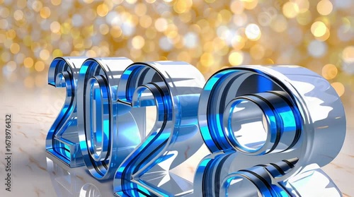 New Year 2024: A gleaming, three-dimensional 2024 logo, rendered in sleek, polished chrome, gleams against a soft bokeh of lights.