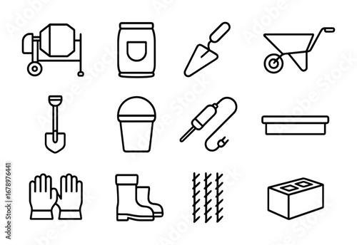 Concrete Tools Icons. Outline icon set of concrete work: cement mixer, cement bag, trowel, wheelbarrow, shovel
