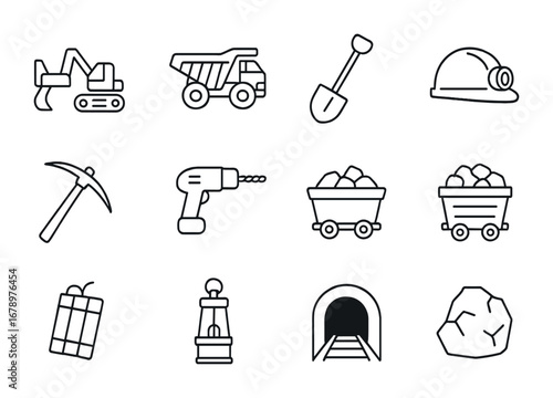 Mining Icon Set. Outline icon set of mining and quarrying: excavator, dump truck, shovel, helmet, pickaxe,