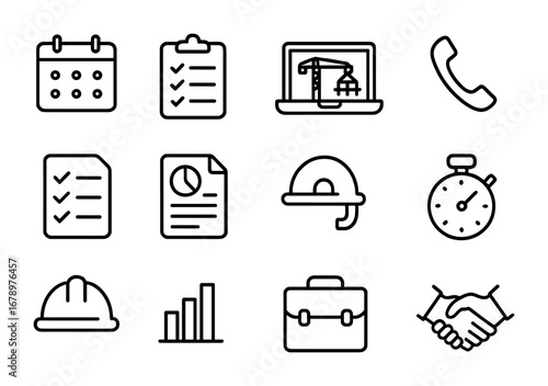 Construction Management Icons. Outline icon set of construction management: calendar, clipboard, laptop,
