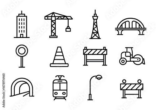 Urban Construction Icons. Outline icon set of urban construction: skyscraper, crane, tower, bridge, metro sign