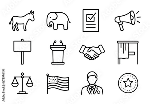US Political Icons. Outline icon set of US politics: donkey symbol, elephant symbol, ballot paper, megaphone,