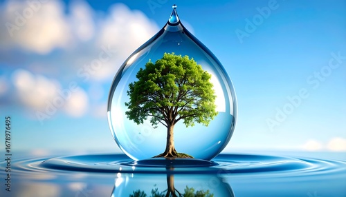 Water drop with tree inside, sky reflection