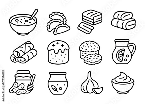 Ukrainian Food Icons. Outline icon set of Ukrainian food: borscht bowl, varenyky dumplings, salo, holubtsi,