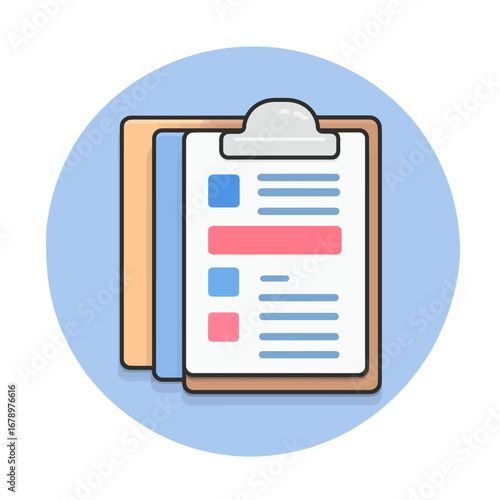Minimalist clipboard with checklist icon for task management and project planning. Flat vector illustration of documents and reports