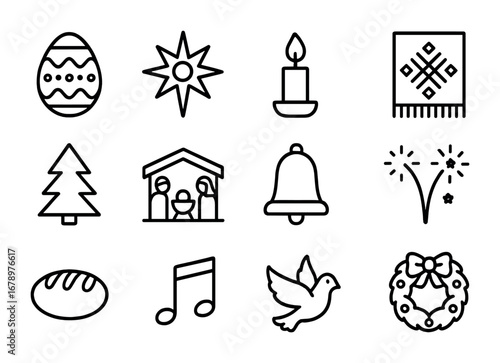 Ukrainian Holiday Icons. Outline icon set of Ukrainian holidays: Easter egg, Christmas star, candle,