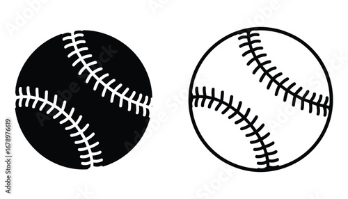 Black and white icons of two baseballs for sports and games equipment