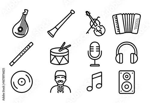 Ukrainian Music Icons. Outline icon set of Ukrainian music: bandura, trembita horn, violin, accordion, flute,